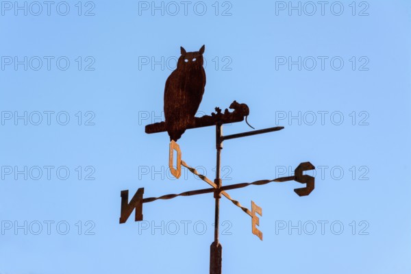 A weathercock displays an owl silhouette, positioned atop a building. The clear blue sky serves as a backdrop, enhancing the rustic charm and simplicity of the structure in this outdoor setting.France
