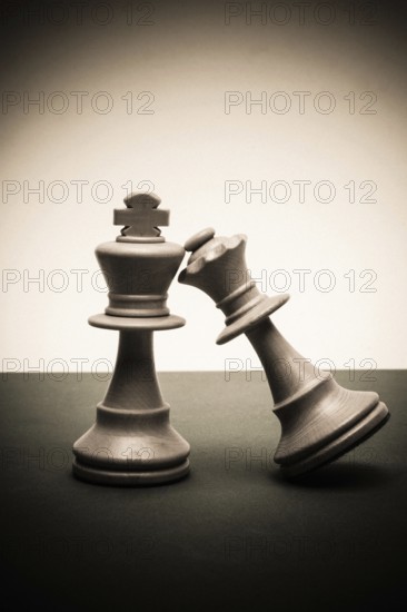 Two chess pieces stand tilted against a simple backdrop, symbolizing a fierce battle of wits. The timeless game represents strategy, focus, and intricate decision-making