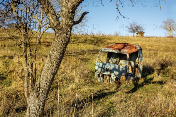 A weathered vehicle rests in a secluded field in Auvergne-Rhone-Alpes, France. Surrounded by tall grass, trees, and a clear blue sky, it reflects the passage of time and nature's reclaiming