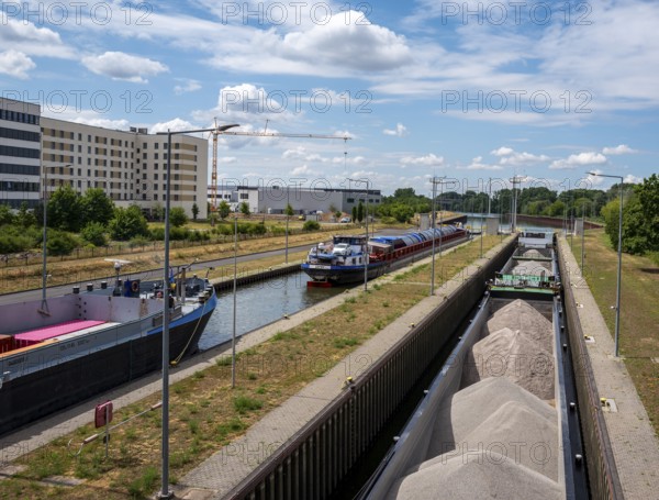Barges in the Edersheim lock near Hattersheim, Hesse, Germany