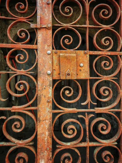 A weathered iron gate showcases detailed swirling patterns, highlighting years of exposure to the elements. The rust adds character, framing a glimpse of the aged building behind