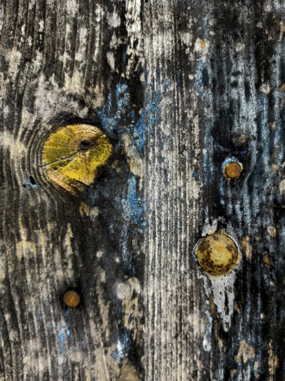 Close-up view of an old wooden surface featuring yellow and blue paint splatters. The texture reveals the wear and age of the material, showcasing its history and charm