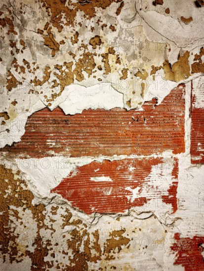 The surface features a combination of peeling paint and exposed brick, highlighting the age and character of the building. Warm hues and textures create an intriguing composition
