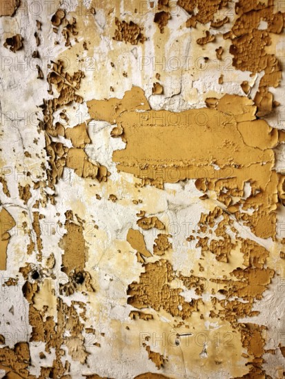 This textured wall features layers of peeling paint in warm yellow and beige tones, revealing the underlying material. The wear and age show a history of weathering and neglect