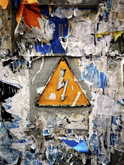 A bright yellow warning sign featuring a lightning bolt is mounted on a wall heavily covered with faded, torn posters. The urban setting adds to the gritty aesthetic
