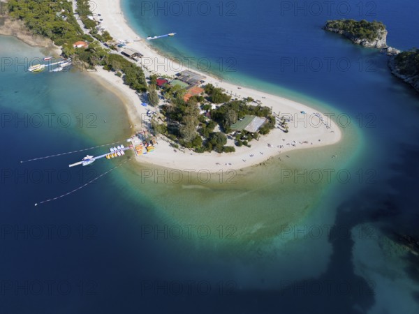 Aerial view of a narrow island with a sandy beach, surrounded by turquoise blue sea and wooded areas, Fethiye, Mugla, Mugla, Aegean Sea, Turkey