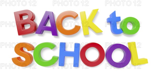 Plastic magnetic letters spelling the phrase back to school with drop shadow isolated on a white background