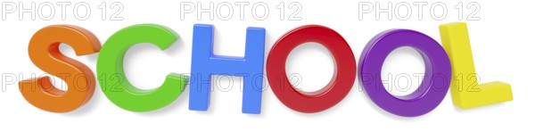 Plastic magnetic letters spelling the word school with drop shadow isolated on a white background