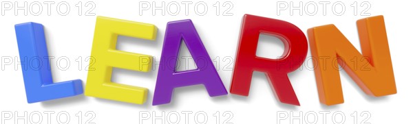 Plastic magnetic letters spelling the word learn with drop shadow isolated on a white background