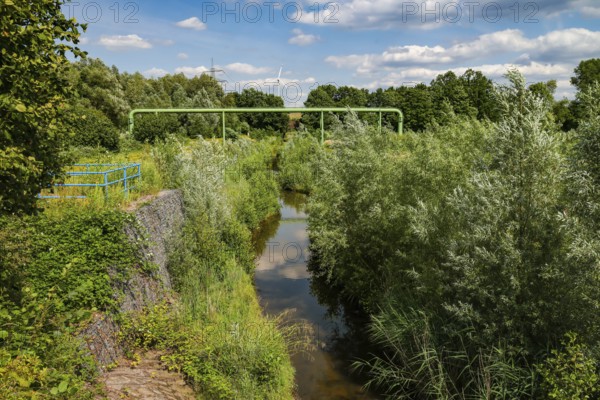 Bottrop, North Rhine-Westphalia, Germany - Renaturalised Boye, the tributary of the Emscher, has been transformed into a near-natural watercourse, flood protection through newly designed flooding areas, the Boye is now free of wastewater following the construction of a parallel sewer, is part of the Emscher river system and thus part of the Emscher conversion, was previously an open, above-ground wastewater channel, mixed water channel with surface water and wastewater. Wind turbine on the Mottbruch spoil tip at the back