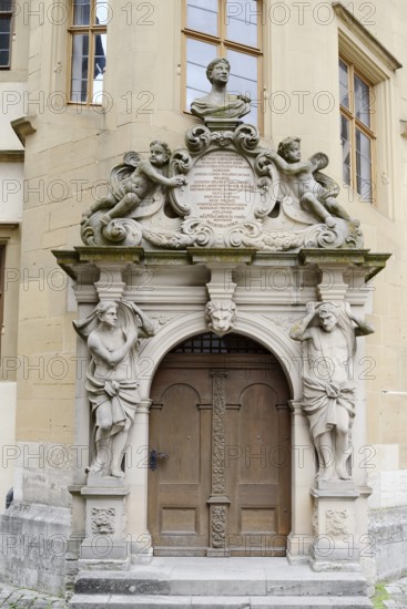 Entrance portal of the parish hall of St Jakob's parish, Rothenburg ob der Tauber, Middle Franconia, Bavaria, Germany