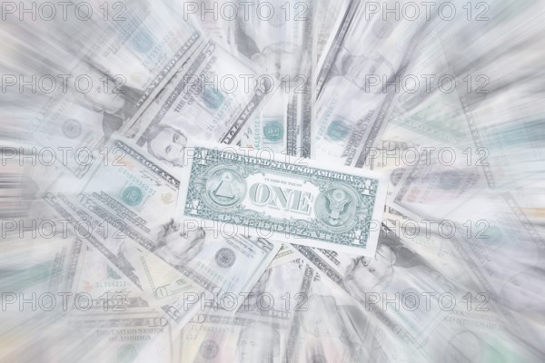 Various US dollar notes in a pile, banknotes, zoom effect