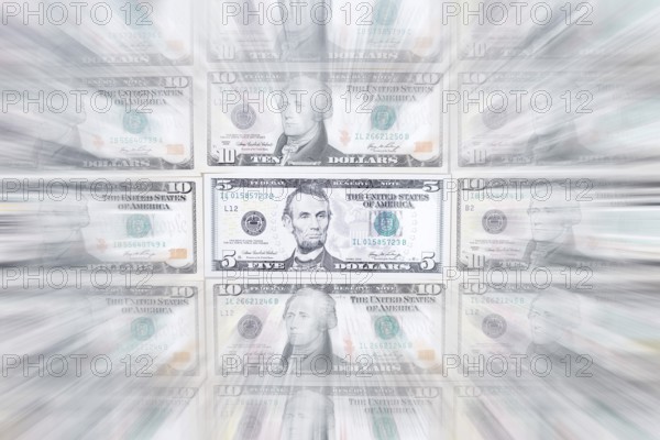 US dollar notes, 10 dollars, 5 dollars, banknotes, zoom effect