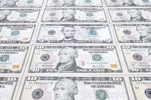 US dollar notes, 10 dollars, 5 dollars, banknotes