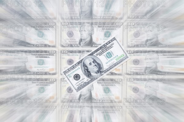 US dollar notes, 10 dollars, 100 dollars, banknotes, zoom effect