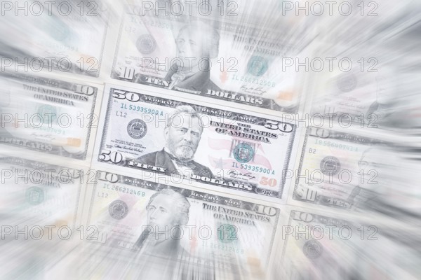 US dollar notes, 10 dollars, 50 dollars, banknotes, zoom effect