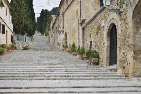 Staircase Carrer del Calvari to the Calvary, Pollenca, Majorca, Balearic Islands, Spain