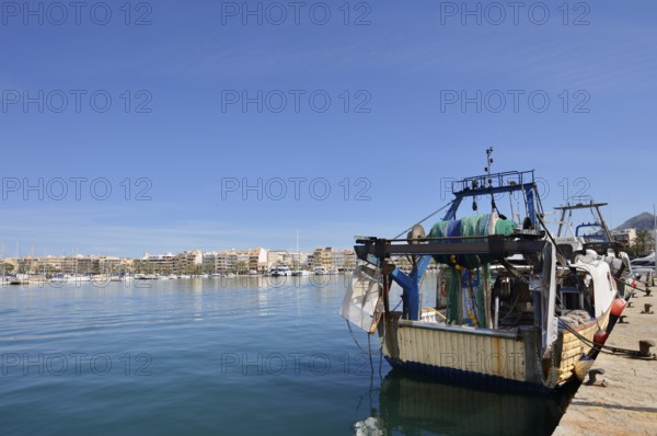Fishing boat in the harbour, Port d'Alcudia, Majorca, Balearic Islands, Spain
