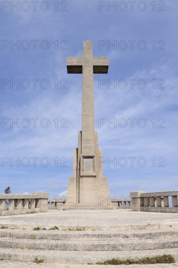 Stone cross at the Santuari de Sant Salvador monastery, Puig de Sant Salvador near Felanitx, Majorca, Balearic Islands, Spain