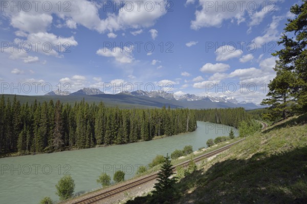 Bow River and railway line of the Canadian Pacific Railway, Bow River Parkway, Banff National Park, Alberta, Canada