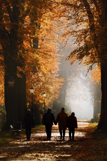 Walkers on an avenue with copper beeches (Fagus sylvatica) in the morning light, autumn, North Rhine-Westphalia, Germany