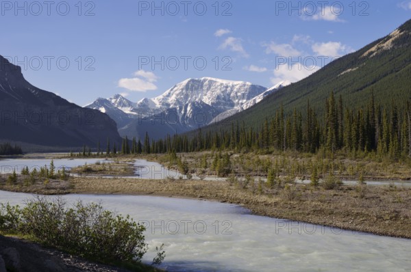 Sunwapta River and mountains, Icefields Parkway, Jasper National Park, Alberta, Canada