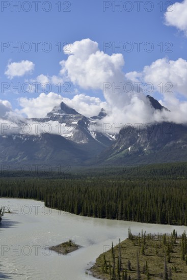 Athabasca River with Mount Christie and Brussels Peak, Icefields Parkway, Jasper National Park, Alberta, Canada