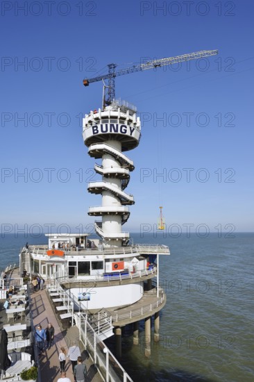 Bungy jumping tower at the pier, Scheveningen, The Hague, Dutch North Sea coast, South Holland, Netherlands