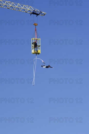 Woman bungy jumping, bungy jumping, Scheveningen, The Hague, South Holland, Netherlands