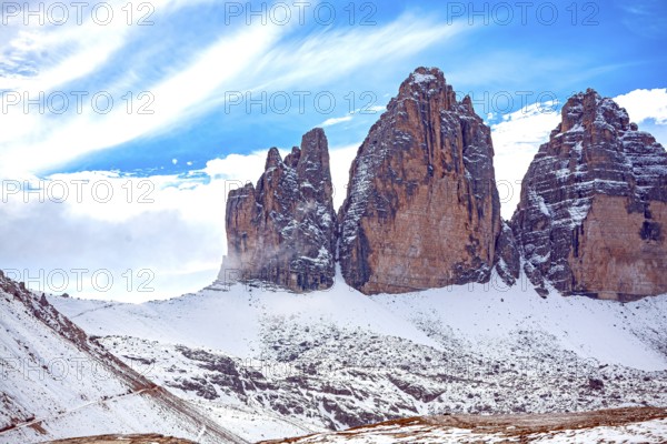 The Three Peaks in the Sesto Dolomites on the border between the provinces of Belluno in the south and South Tyrol, Italy