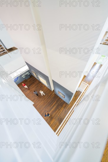 View from above into a modern interior, people moving between the levels, Frieder Burda Museum, Baden Baden, Germany
