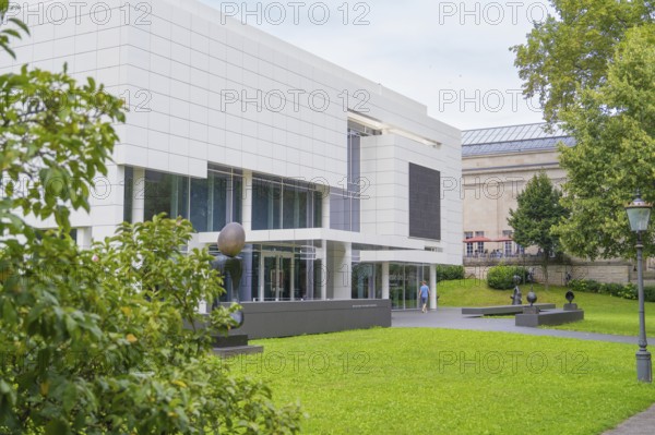 Modern art building with white façade and green surroundings outside, Frieder Burda Museum, Baden Baden, Germany
