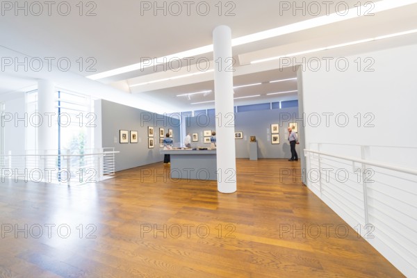 Gallery with light-coloured walls and works of art, illuminated by skylights, Frieder Burda Museum, Baden Baden, Germany