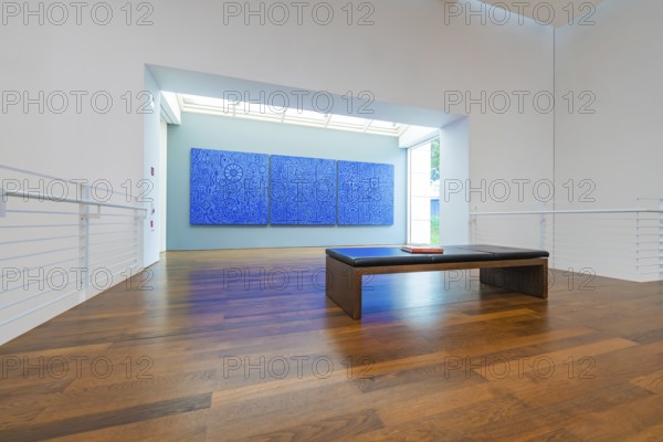 Interior view of an art exhibition with dominant blue artworks on the wall, Frieder Burda Museum, Baden Baden, Germany