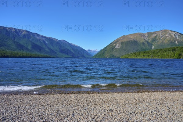 Wide view over a pebble beach to a lake surrounded by mountains, summer, Lake Rotoiti, Saint Arnaud, Tasman Region, South Island, New Zealand