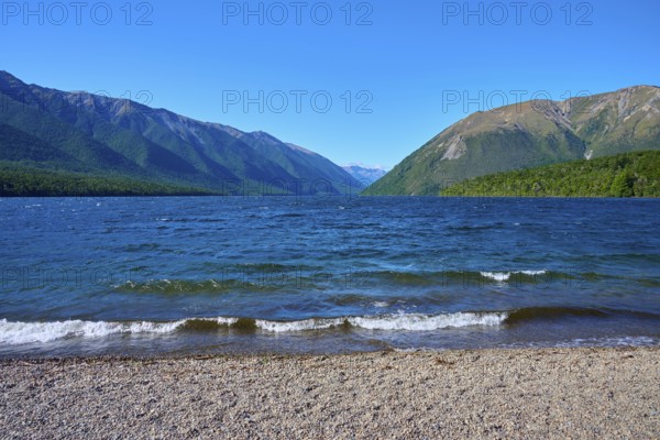 A peaceful lake with gentle waves and a rocky shore, framed by high mountains under a blue sky, summer, Lake Rotoiti, Saint Arnaud, Tasman Region, South Island, New Zealand