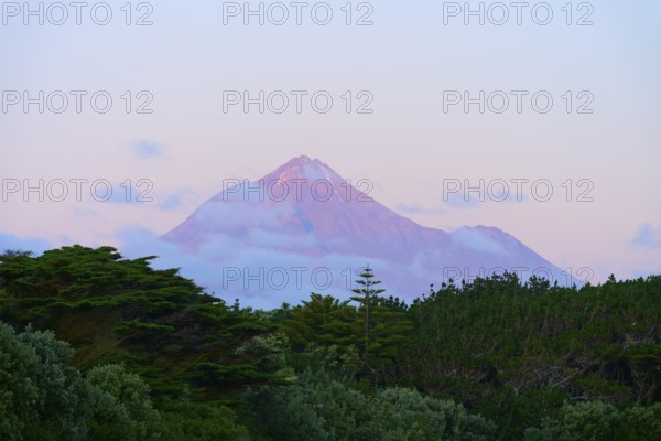 Volcano Mount Taranaki at dusk with clouds and surrounding vegetation, summer, Opunake, Taranaki, North Island, New Zealand