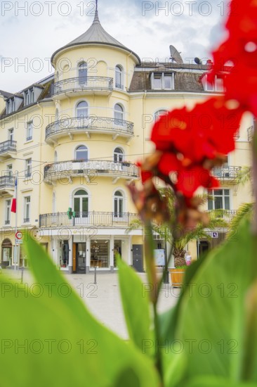 Yellow hotel with round balconies, emphasised by a red flower in the foreground, Baden Baden, Germany