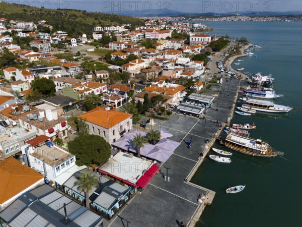 Coastal town with promenade, boats and palm trees, offers a relaxing view, aerial view, Alibey, Alibey Adasi Island, Ayvalik, Turkey
