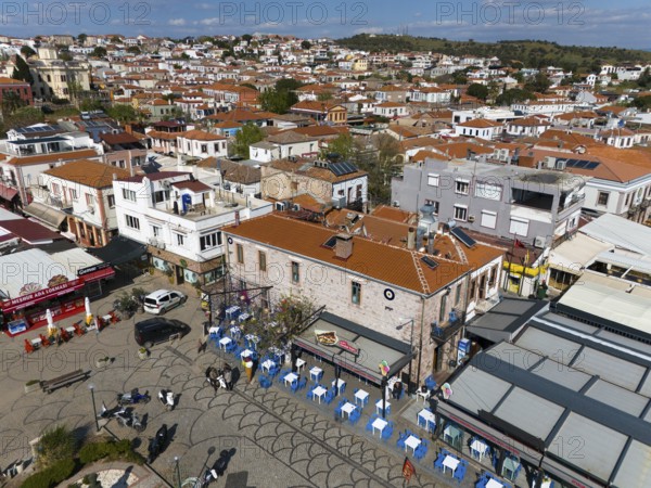 Bird's eye view of a busy town with narrow streets and visible colourful houses, aerial view, Alibey, Alibey Adasi Island, Ayvalik, Turkey