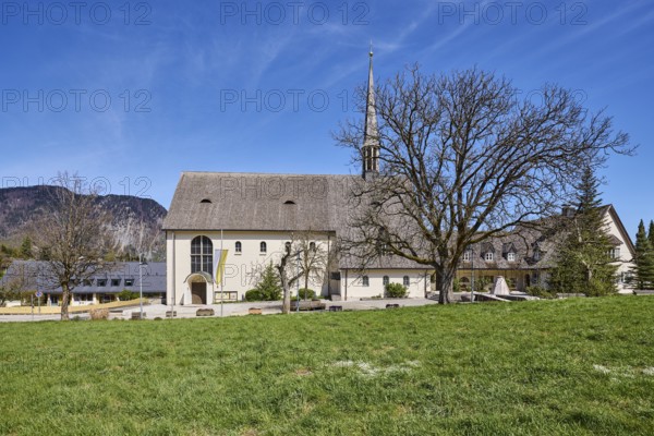 Parish church Bayerisch Gmain, church, mountain landscape, mountains, bare wintry trees, meadow, deep blue sky, cirrostratus clouds, Reichenhaller Straße, Bayerisch Gmain, district Berchtesgadener Land, Bavaria, Germany