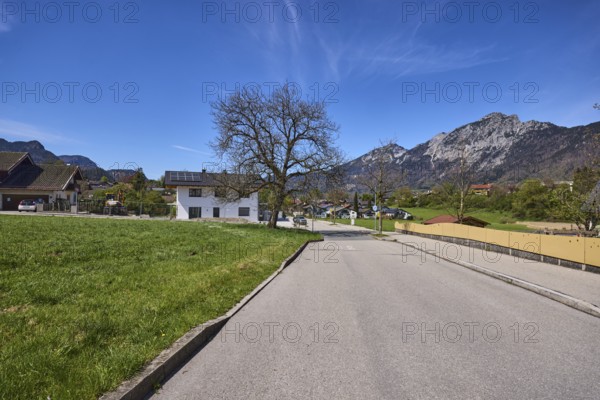Housing estate, residential building, residential buildings, street, trees, meadow, mountain landscape, mountains, blue sky, cirrostratus clouds, Reichenhaller Straße, Bayerisch Gmain, district Berchtesgadener Land, Bavaria, Germany