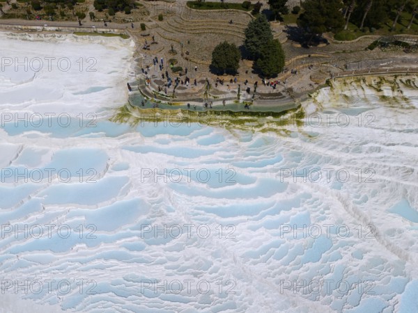 Panoramic view of famous limestone sinter terraces with turquoise water in Turkey, aerial view, sinter terraces, limestone sinter terraces, travertine terraces, Pamukkale, Denizli, UNESCO World Heritage Site, Anatolia, Turkey