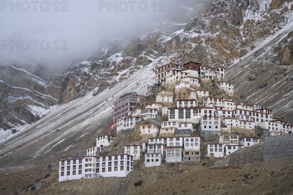 Kye monastery, in winter, snow-covered mountains in the background, Himalayas, Spitital, Kaza, Himachal Pradesh, India