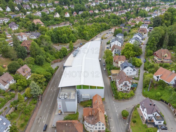 Urban landscape with modern buildings and green trees, bird's eye view, City Centre Calw, Germany