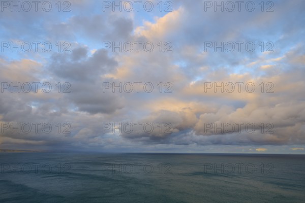 View of the sea under a sky with soft pastel colours at sunset, summer, Nugget Point Lighthouse, Ahuriri Flat, Otago, South Island, New Zealand