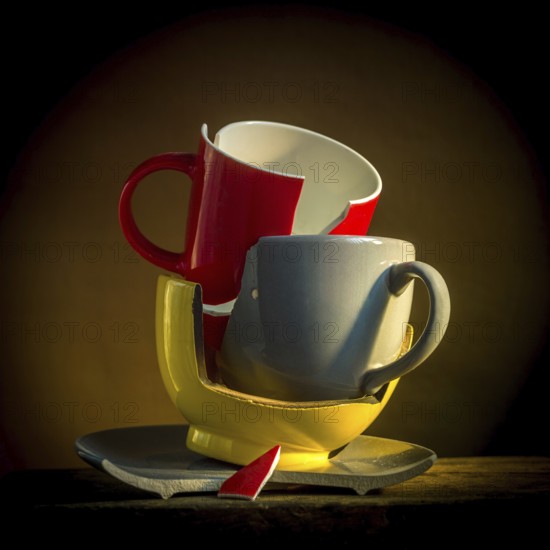 A collection of broken tableware is displayed, featuring a red mug and plate alongside other cracked cups. The setting is dimly lit, enhancing the fragile nature of the pottery