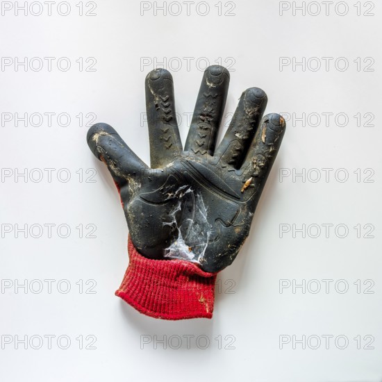 A gardening glove with a black rubber palm and a red knitted cuff is lying flat on a white surface. The glove shows significant wear and dirt, indicating frequent outdoor use