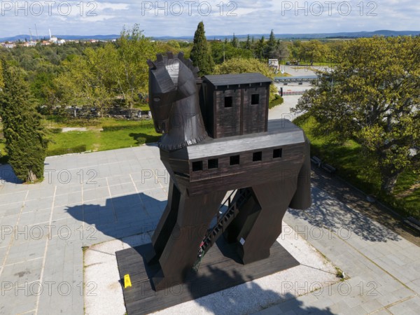 Large wooden sculpture of the Trojan Horse in an open setting, aerial view, Trojan Horse, Troy, Troia, ancient city, site of the Trojan War, UNESCO World Heritage Site, Turkey