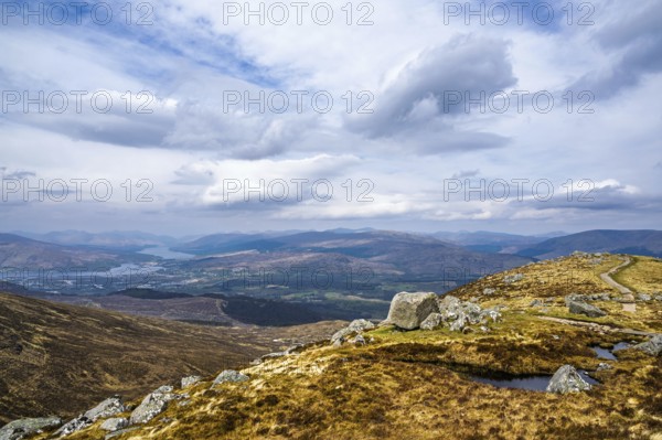 View from Nevis Range Mountains, Grampian Mountains, Fort William, Highland, Lochaber, Scotland, UK